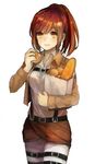  bad_id bad_pixiv_id bag belt bread brown_hair food grocery_bag highres jacket leg_belt long_hair mukimuki_mayuge multiple_belts paper_bag paradis_military_uniform ponytail sasha_braus shingeki_no_kyojin shopping_bag solo thigh_strap yellow_eyes 