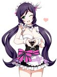  ;d blush breasts cleavage detached_collar green_eyes headdress heart heart_hands large_breasts long_hair looking_at_viewer love_live! love_live!_school_idol_project mogyutto_&quot;love&quot;_de_sekkin_chuu! one_eye_closed open_mouth purple_hair ribbon smile solo torigoe_takumi toujou_nozomi twintails 
