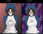  2013 2019 anthro big_breasts brand breasts canid canine canis clothed clothing compare darkghost digital_media_(artwork) female fox fur green_eyes hair hi_res hoodie jinx looking_at_viewer mammal simple_background smile smirk solo standing 