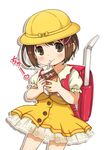  backpack bag bow brown_eyes brown_hair child coffee dress drinking drinking_straw hair_ornament hairclip hat lasto looking_at_viewer milk_carton outline oversized_object personification randoseru school_hat shadow short_hair simple_background smile solo translated white_background yukico-tan yukijirushi 
