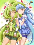  aoki_reika bike_shorts blue_hair blue_skirt choker closed_eyes cure_beauty cure_march green_eyes green_hair green_shorts green_skirt hair_tousle hair_tubes happy head_wings heart kuga_yoshito long_hair magical_girl midorikawa_nao multiple_girls ponytail precure shorts shorts_under_skirt skirt smile smile_precure! tiara tri_tails wrist_cuffs 