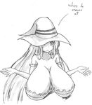  :&lt; bare_shoulders breasts cleavage detached_sleeves dragon's_crown dress english greyscale hat huge_breasts long_hair maullarmaullar monochrome shrug sketch solo sorceress_(dragon's_crown) strapless strapless_dress upper_body witch_hat 