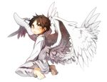  angel_wings bad_id bad_pixiv_id barefoot black_hair blush eren_yeager feathered_wings male_focus multiple_wings shingeki_no_kyojin sitting solo wadani_hitonori wariza wings yellow_eyes 