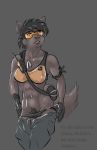  anthro athletic bandolier bra canid canine canis clothing dialogue dog dog_tags eyewear female generic_anthro glasses gloves goggles hair hairy horny_(disambiguation) inviting mammal marsonaut muscular muscular_female nerd pack panties pants pubes radio straps tags_(disambiguation) text tuft underwear undressing 