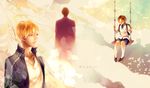  bad_id bad_pixiv_id blonde_hair brown_hair child dual_persona fate/zero fate_(series) gilgamesh highres male_focus multiple_boys older red_eyes shorts swing toosaka_tokiomi tsukiho_(006688) younger 