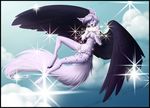  allinix black_markings black_nose black_wings blue_eyes breasts canine clouds ear_piercing eyes_open female hair hindpaw linleless paws piercing sky sparkle vin white_belly white_fur white_hair wings 