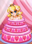  1girl blonde_hair blue_eyes blush cake crown earrings food highres jewelry nintendo princess_peach sigurd_hosenfeld sigurdhosenfeld solo super_mario_bros. 