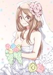  bare_shoulders blush bouquet breasts bridal_veil bride brown_eyes brown_hair cleavage dress extra flower hair_flower hair_ornament k-on! large_breasts long_hair looking_at_viewer sakayama_shinta sketch smile solo tachibana_himeko veil wedding_dress 