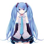  blue_eyes blue_hair detached_sleeves hatsune_miku headphones long_hair necktie shinogo_no simple_background skirt sleeves_past_wrists solo twintails very_long_hair vocaloid white_background 