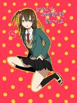  1girl beelzebub_(manga) brown_eyes brown_hair furuichi_honoka long_hair necktie pink_background school_uniform shoes side_ponytail sidetail skirt socks tongue 