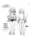  absurdres ass back buckle dress from_behind full_body greyscale highres long_sleeves monochrome multiple_girls original panties shirt shiwasu_no_okina simple_background sketch skirt standing striped striped_shirt translation_request underwear white_background 