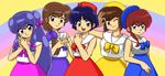  5girls alternate_costume blue_eyes blue_hair braid brown_hair genderswap hat multiple_girls purple_hair ranma-chan ranma_1/2 red_hair saotome_ranma shampoo_(ranma_1/2) siblings single_braid sisters tendou_akane tendou_kasumi tendou_nabiki wantan-orz wink 