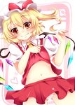  bat_wings blonde_hair blush colorized flandre_scarlet hat highres looking_at_viewer miy@ navel panties pointing red_eyes ribbon short_hair side_ponytail smile solo touhou underwear wings 