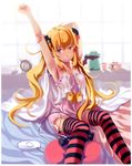  absurdres alarm_clock armpits bed_sheet blonde_hair clock collarbone demon_tail earphones earphones_removed feet_out_of_frame grin handheld_game_console highres horns indoors lingerie long_hair nightgown nintendo_dsi orange_eyes original playstation_portable scan sitting smile solo stretch striped striped_legwear tail thighhighs twintails underwear very_long_hair vofan 