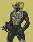  armor balls big_penis black black_penis blackwargreymon blonde_hair claws cum cum_on_hand cum_on_penis cum_string digimon dragon erection grin hair helmet horn invalid_tag looking_at_viewer male penis plain_background precum solo vein wargreymon yellow_eyes yellowpower 