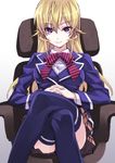  bad_id bad_pixiv_id blonde_hair blue_legwear chair crossed_legs long_hair long_sleeves looking_at_viewer matsuryuu nakiri_erina plaid plaid_skirt purple_eyes school_uniform shokugeki_no_souma sitting skirt smile solo thighhighs tootsuki_saryou_ryouri_gakuen_uniform 