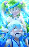  air_bubble anger_vein angry bad_id bad_pixiv_id blue_eyes blue_hair blush bracelet bubble crossover green_hair hat ikamusume jewelry long_hair mermaid minamito monster_girl mouth_pull multiple_girls muromi-san namiuchigiwa_no_muromi-san necklace open_mouth red_eyes seashell shell shinryaku!_ikamusume squid_ink tentacle_hair tentacles twintails underwater water 