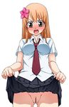  1girl beelzebub_(manga) between_breasts blush breasts brown_eyes flower hair_flower hair_ornament hanazawa_yuka hanya_(hanya_yashiki) highres long_hair necktie open_mouth orange_hair pussy skirt skirt_lift 