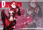  alternate_costume alternate_hairstyle breasts bug cleavage danann earrings elbow_gloves elise_(league_of_legends) flower gloves hair_in_mouth hair_over_one_eye jewelry leaf league_of_legends medium_breasts navel red_eyes red_hair solo spider 