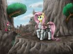  absurd_res armor avian backpack bag bird blue_eyes cave clothed clothing cutie_mark duo equine female feral fluttershy_(mlp) friendship_is_magic frown fur green_eyes hair hi_res horse mammal mountain my_little_pony open_mouth otakuap outside path pink_fur pink_hair pinkie_pie_(mlp) pony ranged_weapon rope saddle_bag saddlebags scroll sky smile sword trail tree vine weapon yellow_fur 