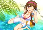  ball barefoot beach beachball bikini blush bottle breasts brown_hair cleavage drink emanon123 hairband highres large_breasts long_hair navel one_eye_closed original outdoors partially_submerged pink_hairband red_eyes sand sarong sitting solo swimsuit wariza water white_sarong 
