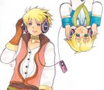  blonde_hair child choker digital_media_player dual_persona fio-mama gloves green_choker green_eyes guy_cecil headphones listening_to_music male_focus multiple_boys rotational_symmetry sennheiser shared_headphones sharing tales_of_(series) tales_of_the_abyss white_background younger 