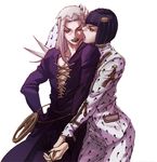  black_hair black_lipstick bob_cut bruno_buccellati cheek_licking face_licking grey_hair hair_ornament hat jojo_no_kimyou_na_bouken leone_abbacchio licking lipstick long_hair makeup male_focus multiple_boys parody taste_of_a_liar vento_aureo zipper zishanjiang 