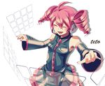  ahoge ajiko_ajio bad_id bad_pixiv_id character_name closed_eyes detached_sleeves drill_hair headphones headset holographic_interface kasane_teto laughing long_hair nail_polish open_mouth pink_hair skirt skirt_set solo twin_drills twintails utau 