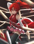  arms_up black_legwear bow chain detached_sleeves hair_bow highres long_hair magical_girl mahou_shoujo_madoka_magica motion_blur polearm ponytail red_eyes red_hair sakura_kyouko siraha skirt solo soul_gem spear thighhighs weapon 