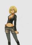  black_legwear blackball blonde_hair breasts cleavage expressionless green_eyes hair_between_eyes hand_on_hip medium_breasts midriff navel original short_hair shorts simple_background sketch solo thighhighs 