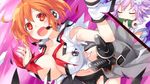  2girls breasts choujigen_game_neptune compile_heart idea_factory large_breasts marvelous microphone multiple_girls neptune_(choujigen_game_neptune) neptune_(series) orange_hair poor_quality purple_hair short_hair sword symbol-shaped_pupils tears torn_clothes weapon 