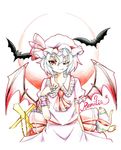  ascot bat bat_wings bow character_name collarbone cross cup eyelashes fingernails flower full_moon gokuu_(acoloredpencil) hand_on_own_chest hat hat_ribbon highres looking_at_viewer moon nail_polish one_eye_closed outline red_eyes remilia_scarlet ribbon sharp_fingernails short_hair short_sleeves smile solo teacup teapot touhou traditional_media white_background white_hair wings wrist_cuffs 