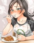  blush bra breasts brown_eyes brown_hair chair clothes_writing curry eating food glass idolmaster idolmaster_cinderella_girls long_hair medium_breasts normal_trainer plate raglan_sleeves rice sakayama_shinta sitting solo spicy spoon steam sweat table trainer_(idolmaster) underwear upper_body water 