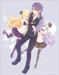  2girls atea atosh bare_shoulders blonde_hair blue_eyes closed_eyes crown exela_(summon_night) gloves groin hat hug loose_necktie mini_hat mini_top_hat multiple_girls navel necktie purple_eyes purple_hair silver_hair skirt striped striped_legwear summon_night summon_night_5 thighhighs top_hat veloce_(summon_night) vest 