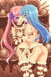  ass bad_id bad_pixiv_id blue_eyes blue_hair breast_grab brown_eyes cake chocolate chocolate_clothes food food_as_clothes garter_belt grabbing hair_ribbon highres icing long_hair messy minigirl multiple_girls naked_chocolate nude original pink_hair ribbon saliva saliva_trail striped striped_legwear thighhighs twintails valentine very_long_hair vioka yuri 