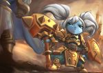  armor blue_eyes blue_skin garen_crownguard league_of_legends long_hair pointy_ears poppy shield solo_focus tie_baihe twintails warhammer weapon white_hair yordle 