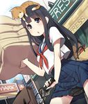  :o animal animal_on_head basket bicycle black_eyes black_hair cat cat_on_head ground_vehicle kamo_kamen long_hair on_head original pleated_skirt sack school_uniform skirt 