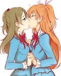  aria_gakuen_school_uniform blue_shirt blush brown_hair green_eyes hands_clasped heart houjou_hibiki kiss long_hair looking_at_another minamino_kanade minatsuki_randoseru multiple_girls orange_hair own_hands_together precure school_uniform shirt skirt suite_precure two_side_up yuri 