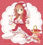  :3 alternate_costume basket black_eyes brown_hair flower food fruit idolmaster idolmaster_cinderella_girls jewelry little_red_riding_hood looking_at_viewer moroboshi_kirari necklace ribbon saito_katuo sitting solo strawberry strawberry_blossoms thighhighs wariza zettai_ryouiki 