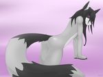 anthro black_hair butt hair invalid_tag looking_at_viewer looking_back male mammal nude pbrown piercing plain_background pose purple_eyes raccoon solo 