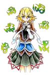  1girl :&lt; arm_warmers blonde_hair bow eyebrows eyelashes gokuu_(acoloredpencil) green_eyes hand_on_own_chest highres looking_at_viewer mizuhashi_parsee pointy_ears short_hair short_sleeves simple_background skirt solo tears touhou traditional_media tsurime white_background 