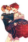  1girl ^_^ beatrice blonde_hair carrying closed_eyes couple dress flower formal grin hair_bun hair_flower hair_ornament hetero open_mouth princess_carry red_hair rose smile suit umineko_no_naku_koro_ni ushiromiya_battler wanko_(takohati8) wide_sleeves 