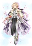  armor armored_dress bad_id bad_pixiv_id bare_shoulders blonde_hair detached_sleeves dress fate/apocrypha fate_(series) flower gauntlets hair_down headpiece jeanne_d'arc_(fate) jeanne_d'arc_(fate)_(all) kurose_nao light_persona long_hair purple_eyes red_flower red_rose rose solo thighhighs white_legwear 