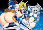  :p alternate_breast_size arm_blade ass blazblue blazblue:_continuum_shift blonde_hair bodysuit braid breasts elbow_gloves eyepatch flat_chest forehead_protector gloves large_breasts leotard long_hair looking_at_viewer mecha_musume mu-12 multiple_girls navel nipples nu-13 puffy_nipples pussy red_eyes single_braid sweatdrop tanabe_(studio_tiamat) tongue tongue_out torn torn_bodysuit torn_clothes torn_leotard very_long_hair weapon white_hair 