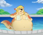  black_nose blonde_hair breasts canine chubby dog female green_eyes hair mammal obese overweight solo swimsuit 