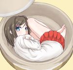  barefoot black_hair blue_eyes casual fetal_position hair_ornament hairclip hentai_ouji_to_warawanai_neko. in_container kappougi looking_at_viewer lying mugai_(tamac) pot short_hair side_ponytail skirt solo tsutsukakushi_tsukiko 