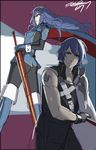  1girl ass black_legwear blue_eyes blue_hair boots eu03 falchion_(fire_emblem) father_and_daughter fire_emblem fire_emblem:_kakusei gloves knee_boots krom long_hair lucina sheath sheathed shoulder_pads sketch sleeveless striped sword tattoo uniform weapon work_in_progress 