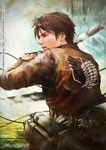  artist_name brilcrist brown_hair emblem eren_yeager green_eyes insignia jacket paradis_military_uniform realistic shingeki_no_kyojin signature sky solo_focus survey_corps_(emblem) sword teeth three-dimensional_maneuver_gear weapon wire 