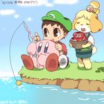  2013 brown_eyes brown_hair dated dog_girl doubutsu_no_mori eriku_(aoi_tori) fishing_rod furry hat kirby kirby_(series) maxim_tomato shizue_(doubutsu_no_mori) sitting smash_ball super_smash_bros. tomato translated villager_(doubutsu_no_mori) water 