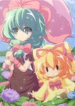  blonde_hair bow brown_dress cloud cloudy_sky dress flower front_ponytail green_eyes green_hair hair_bow hair_ribbon highres hydrangea kagiyama_hina long_sleeves medicine_melancholy multiple_girls nullpooo petals rain ribbon short_sleeves sky smile snail touhou umbrella wide_sleeves wrist_cuffs yellow_dress |_| 